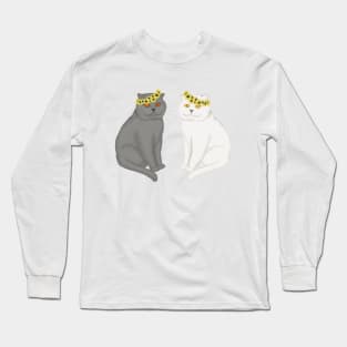 Two cats in the wreaths on the head from sunflowers. Grey and white cats. Long Sleeve T-Shirt